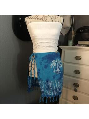 Vintage Y2k Blue Hawaiian Wrap Skirt Swim Coverup Tie Dye One Size Women's Beach